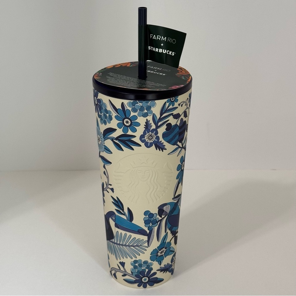 NWT Starbucks FARM Rio Lenco Azulejo Blue Floral Bird 24oz Cup